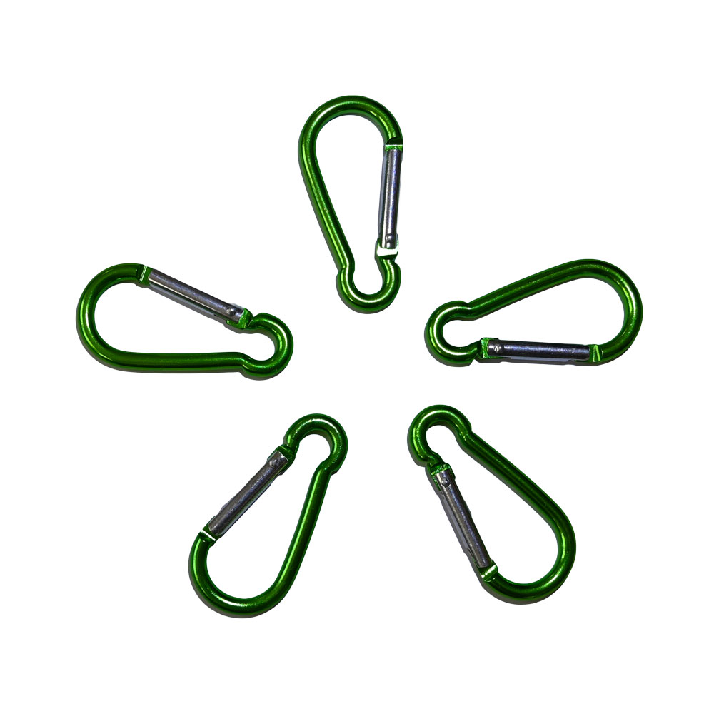 Set of 5 aluminum carabiners. Anodized. Size: 50 x 4 mm.