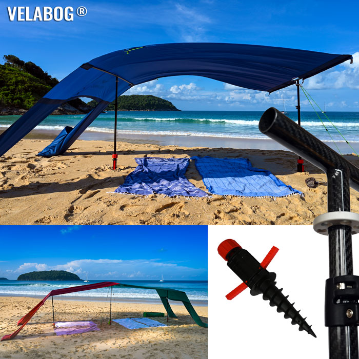 Zestaw rozszerzający do żagla słonecznego namiotu plażowego Velabog Breeze, składający się ze stojaka z włókna węglowego i kotwicy gruntowej.