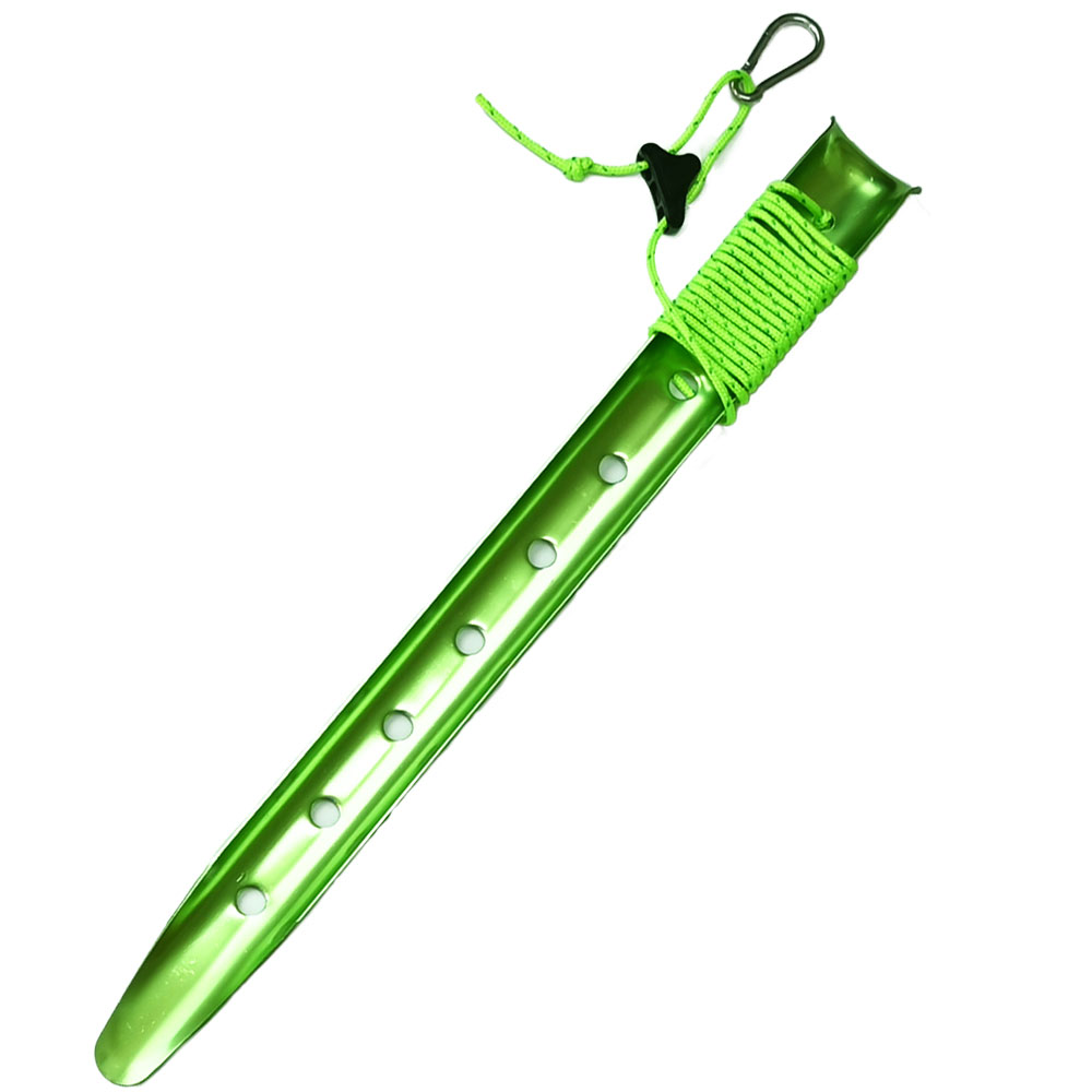 Velabog aluminum sand peg with cord, cord tensioner and carabiner, 42 cm, green.