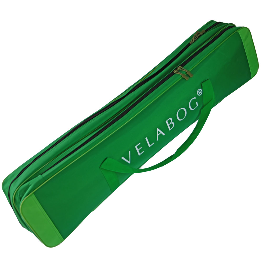 Velabog geräumige und robuste grüne Tasche mit zwei Fächern, Länge 105 cm, Gesamtbreite 17 cm, Höhe 22 cm. Ansicht von oben.
