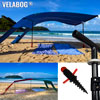 Kit d’extension pour le voile d’ombrage tente plage Velabog Breeze, comprenant une structure en fibre de carbone et une base d’ancrage au sol.
