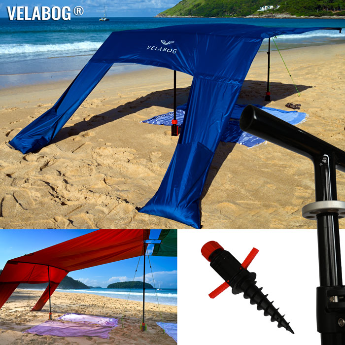 Kit d’extension pour le voile d’ombrage tente plage Velabog Breeze, comprenant une structure en fibre de verre et une base d’ancrage au sol.